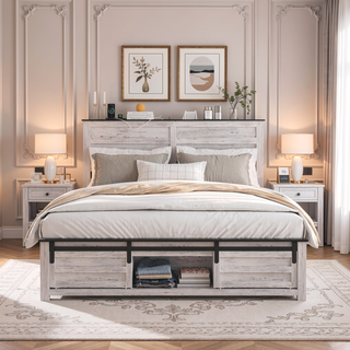 Sunvega Queen Bed Frame with Upholstered Headboard and LED Lighting Charging Station