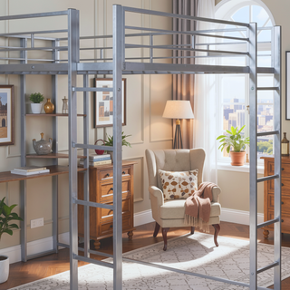 Sunvega Full Size Metal Loft Bed with Desk and 2 Shelves White