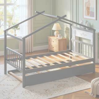 Sunvega Twin Size Wooden House Bed with Trundle and Headboard for Kids Room