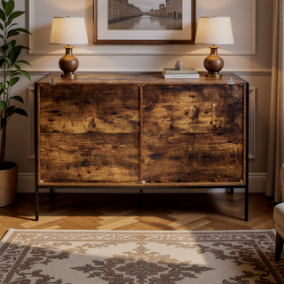 Sunvega Industrial Rustic Brown Wood Dresser with 4 Drawers and Steel Frame