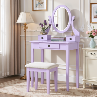 Sunvega Pink Wood Makeup Vanity Table and Stool Set with Mirror and Storage Drawers