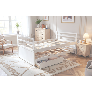 Sunvega Twin Size Pine Wood Bed with Headboard, Footboard, Trundle, and Three Storage Drawers