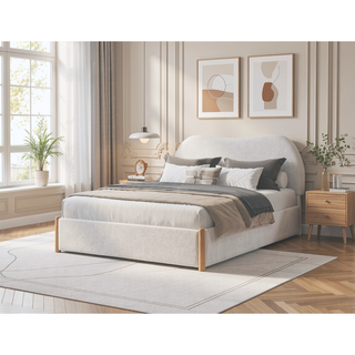 Sunvega Ivory Linen Upholstered Curved Headboard Solid Wood Frame Bed