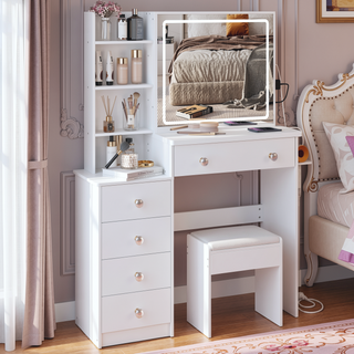 Sunvega 37 Inch Left Bedside Vanity Table with Cushioned Stool and Sliding Mirror