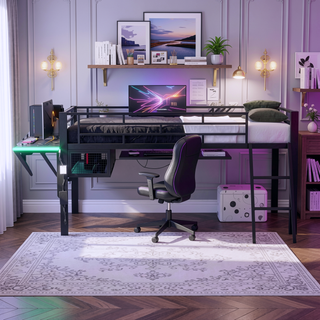 Sunvega Gaming Mid Loft Bed with Desk, LED Lights, Twin Size in Black