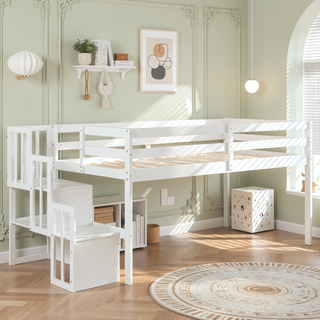 Sunvega Grey Pine Wood Loft Bed with Staircase and Storage Steps