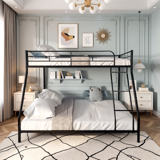 Sunvega Durable Metal Twin over Full Bunk Bed with Guardrails and Wooden Slats