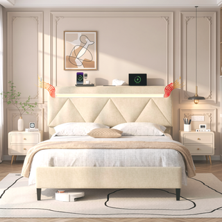 Sunvega Full Bed Frame with Headboard Upholstered Platform Charging Station LED Lights