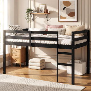 Sunvega Espresso Rubber Wood Low Height Loft Bed with Ladder for Bedroom