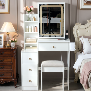 Sunvega Small Space Left Bedside Cabinet Vanity Table with Cushioned Stool and Sliding Mirror