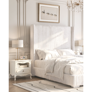 Sunvega Contemporary White Fur Chenille Fabric Mattress Ready Queen Size Bed