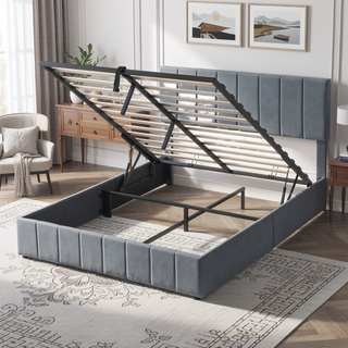 Sunvega Upholstered Platform Bed with Hydraulic Storage System in White Linen