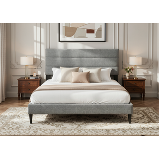 Sunvega Queen Upholstered Pleated Bed in a Box with Sturdy Dark Brown Frame