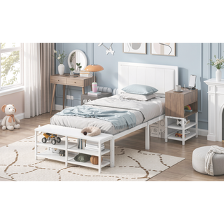 Sunvega Full Size Metal Platform Bed with Two Tier Storage Shelves and Wooden Cabinet