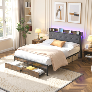Sunvega King Bed Frame with Storage Headboard LED Lights and USB Charging Station