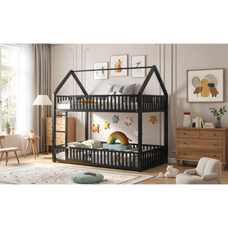 Sunvega Sturdy Metal Twin over Twin House Bunk Bed with Fence and Door