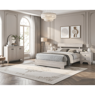 Sunvega Rustic Contemporary Platform Bed Frame with White Wash Finish and Slat Headboard