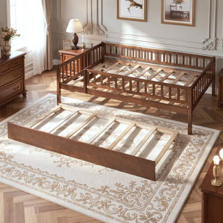 Sunvega Natural Twin Size Wood Daybed with Trundle and Fence Guardrails