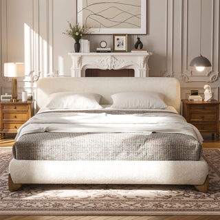 Sunvega Modern Puffy Platform Bed with Arched Headboard in Ivory White Boucle