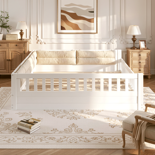 Sunvega Beige Full Size Upholstered Wood Platform Bed with Guardrail and Pillow