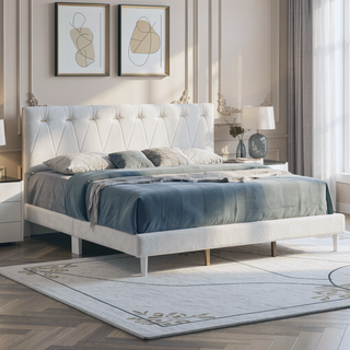Sunvega Soft Teddy Bear Wheat Color Fabric Upholstered Queen Platform Bed