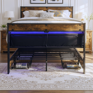 Sunvega Queen Bed Frame with Storage Headboard USB Outlets LED Lights and 4 Drawers