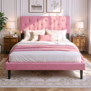 Sunvega Modern Upholstered Platform Bed Frame with Button Tufted Linen Headboard