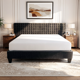 Sunvega Queen Size Upholstered Platform Bed Base with Dark Grey Linen Fabric