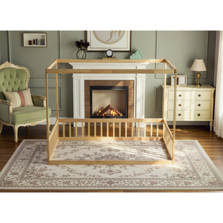 Sunvega Wooden Canopy Frame Floor Bed with Guardrails for Safety and Privacy
