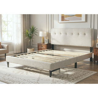 Sunvega Queen Upholstered Pleated Bed in a Box with Sturdy Dark Brown Frame