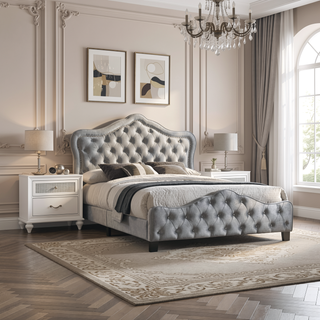 Sunvega Grey Velvet Upholstered Queen Panel Bed with Button Tufting and Chrome Nailheads