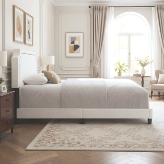 Sunvega Upholstered Platform Bed with Padded Headboard and Nailhead Trim Accents