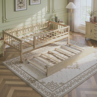 Sunvega Natural Twin Size Wood Daybed with Trundle and Fence Guardrails