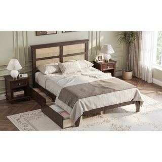 Sunvega Full Size Bed with Rattan Headboard Two Storage Drawers and Enhanced Support Slats