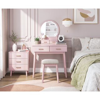 Sunvega Pink Finish Vanity Dresser with Mirror and Stool Set LED Light