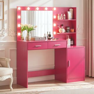 Sunvega Black 46.4 Inch Vanity Desk with Mirror Lights and Large Drawers