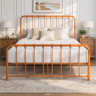 Sunvega Orange Finish Metal Platform Bed Frame Queen Size 1pc