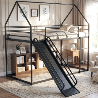Sunvega Twin over Twin House Bunk Bed with Ladder and Slide in White