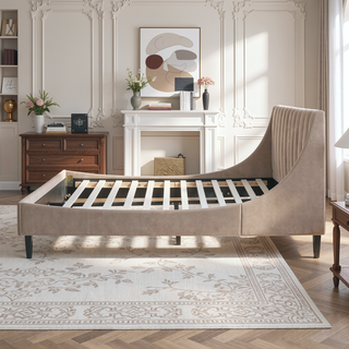 Sunvega Handmade Vertical Tufted Headboard Platform Bed Set in Light Beige Linen