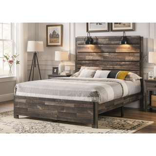 Sunvega Rustic Weathered Brown King Size Platform Bed with Decking Headboard and Lamps