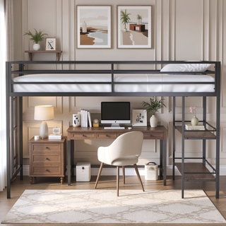 Sunvega Classic Space Saving Junior Twin Loft Bed with Shelf and Guardrails