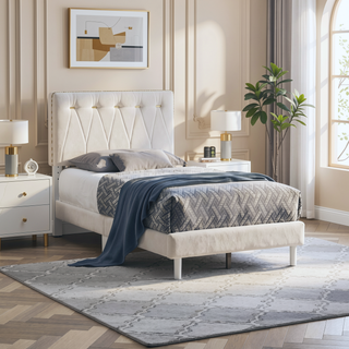 Sunvega Soft Teddy Bear Wheat Color Fabric Upholstered Queen Platform Bed