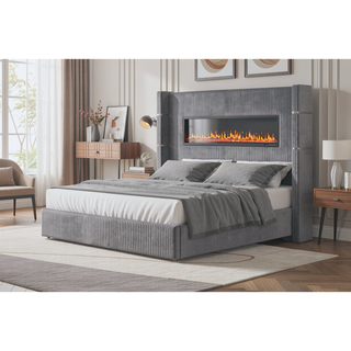 Sunvega Queen Size Upholstered Bed with Electric Fireplace and Bluetooth Speakers in Gray Velvet
