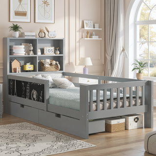 Sunvega Twin Solid Wood Platform Bed with Chalkboard Headboard and Storage Drawers