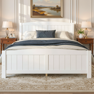 Sunvega White Solid Wood Queen Platform Bed with Slats No Box Spring Needed
