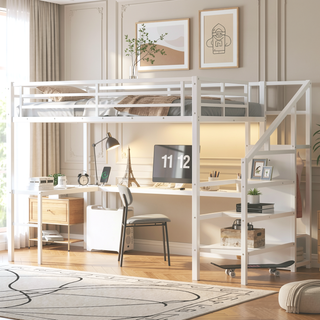 Sunvega Twin XL Loft Bed with Wardrobe Stairs USB LED Light and Desk