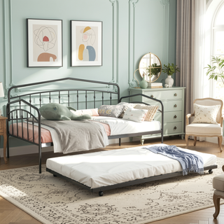 Sunvega Elegant Black Iron Twin Daybed with Trundle and Metal Slats