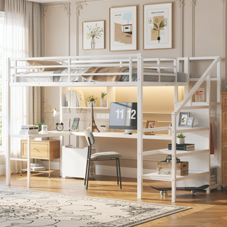 Sunvega Twin XL Size Loft Bed with Wardrobe Stairs USB LED Light and Desk