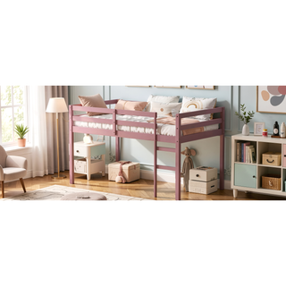Sunvega Espresso Rubber Wood Low Height Loft Bed with Ladder for Bedroom