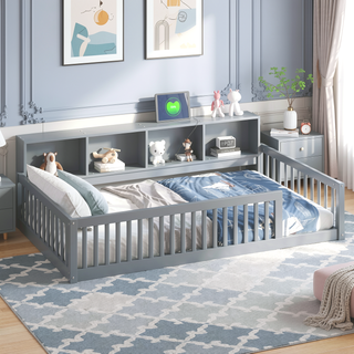Sunvega White Wood Twin XL Floor Bed with Storage Cabinets and USB Charging Ports